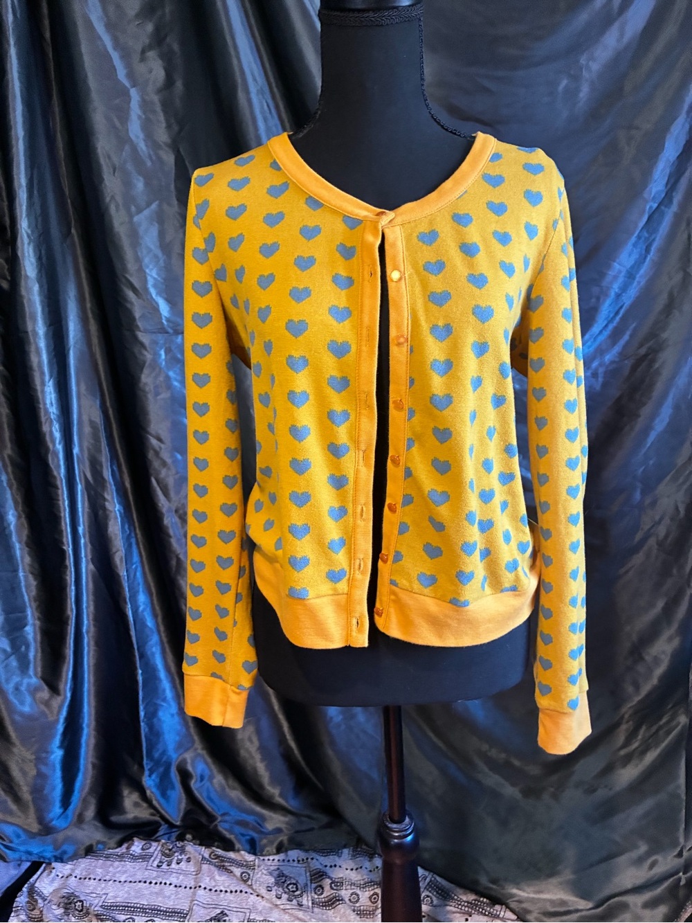 Banned Alternative’s Dancing Days Mustard With Steel Blue Hearts Cardigan L/XL